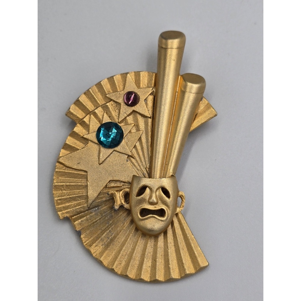 Vintage Gold‎ Tone Theater Drama Mask Tragedy Large Brooch Rhinestones READ